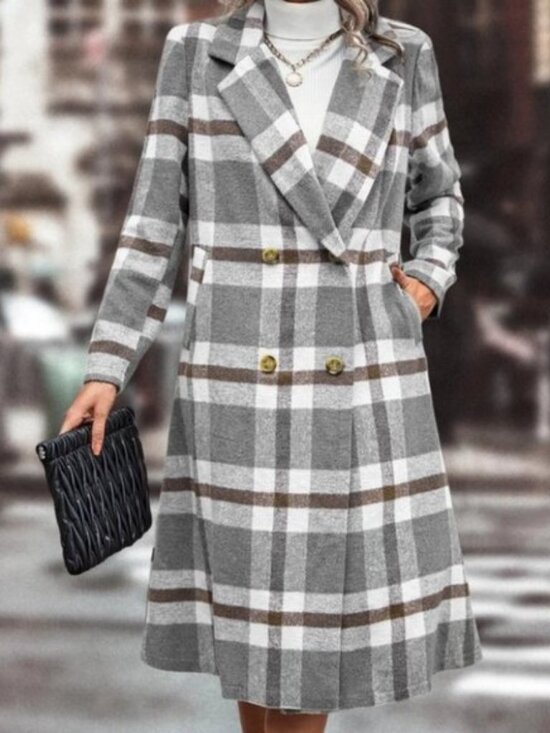 SHEIN Jackets & Blazers - Double Breasted Brown Plaid Coat Size Medium Pockets and kick pleat